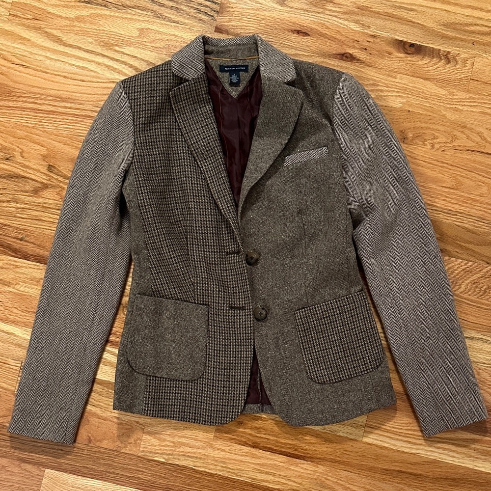 Tommy Hilfiger Brown Houndstooth Mixed Patterns Blazer